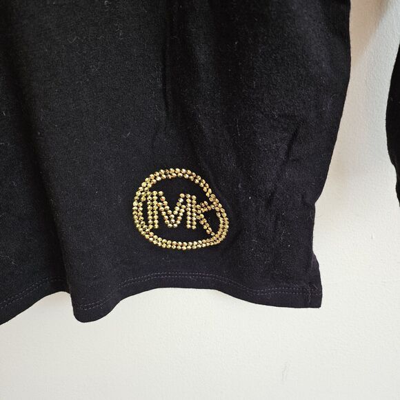 Women's Michael Kors Black Ruffle Long Sleeve Tee,  Size S. Gold Logo - Picture 2 of 7